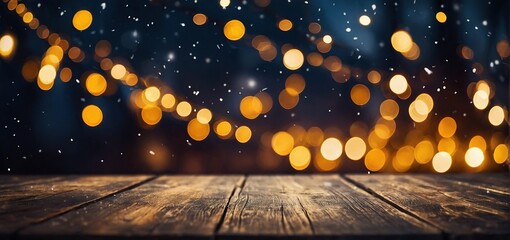 Shiny luxury bokeh christmas festival background, blur glitter snow winter backdrop with empty wooden table top for product display, golden festive new year holiday card with copy space
