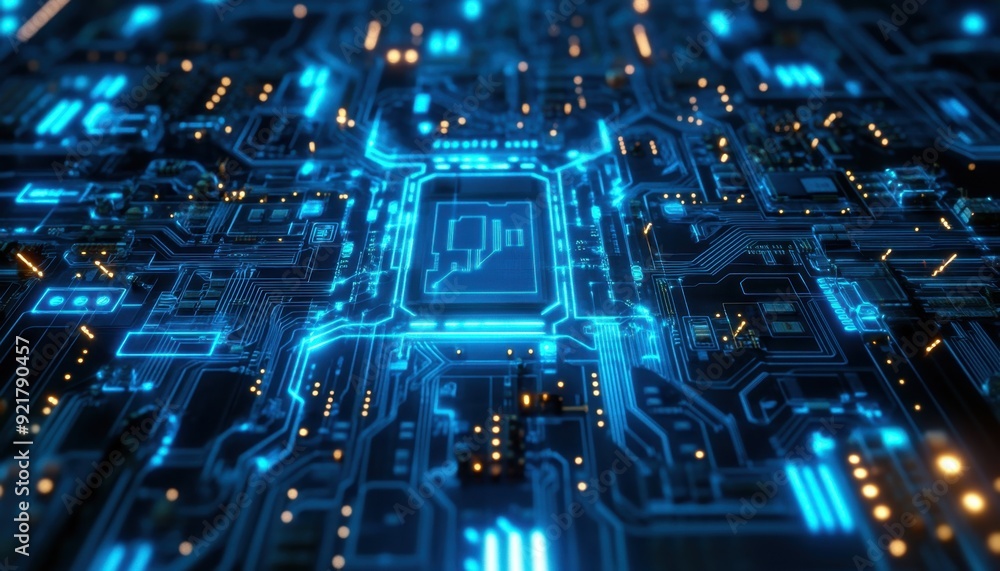 Poster close-up of a glowing circuit board with intricate details and blue light patterns
