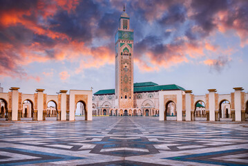 Casablanca, Morocco. Front view of the Hassan II mosque and the highest minaret in the world, Arabian style