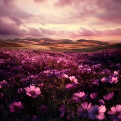 Fototapeta premium Dreamy Cosmos Flower Field with Rolling Hills and Cloudy Sky