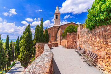 Pienza, Italy. Beautiful cathedral and Via del Casello, charming small town in Tuscany.