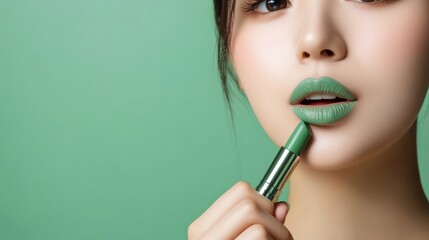 woman applying light green lip colors to her cute pout lips with a luxury green lipstick isolated on light green background