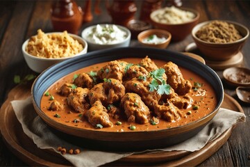 Indian Butter Chicken with Rice and Spices on Wooden Table