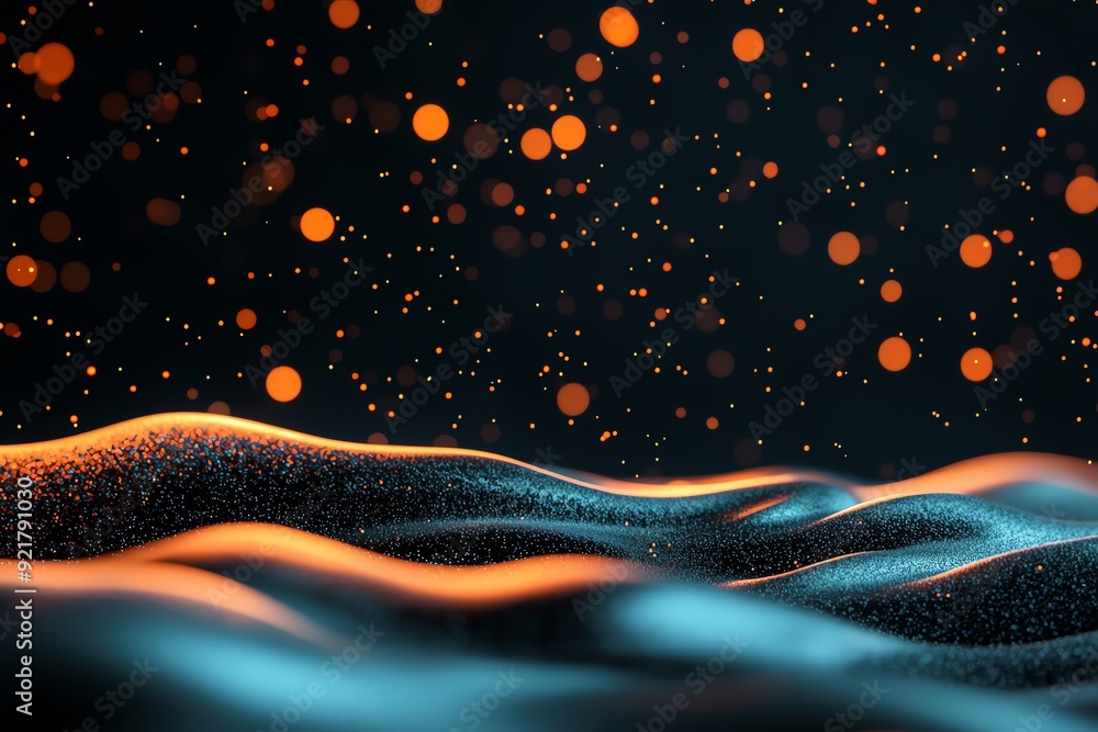 Poster Elegant abstract wave patterns illuminated by shimmering orbs of light, creating a captivating visual experience.