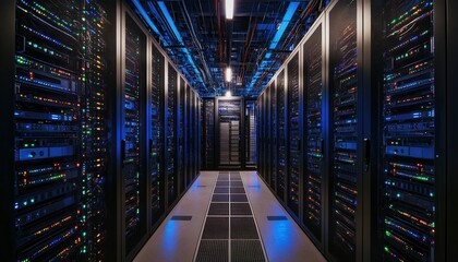 Data center interior featuring illuminated server racks and network equipment at night