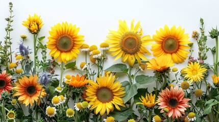 Sunflowers and green leaves for decoration of art frame wallpaper, card and banner on white background.