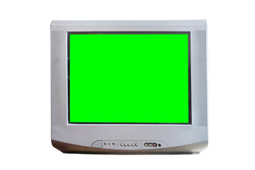 Silver vintage green screen TV for adding new images to the screen. Isolated on white background.