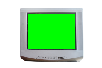 Silver vintage green screen TV for adding new images to the screen. Isolated on white background.