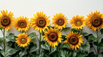 Fototapeta premium Sunflowers and green leaves for decoration of art frame wallpaper, card and banner on white background.