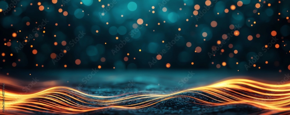 Poster a vibrant abstract background featuring glowing waves and soft bokeh lights, perfect for creative pr