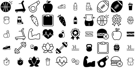 Set Of Linear Fitness Isolated Silhouette Solid Icons With Yoga,Carrot,Fitness,Workout,Lifestyle Outline Icons Collection. Simple Vector Illustration