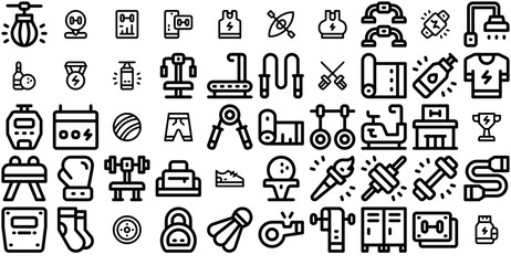 Set Of Fitness And Sport Isolated Silhouette Solid Icons With Exercise,Sport,Fitness,Gym,Weight Simple Black Style Symbol Sign For Apps And Website, Vector Illustration