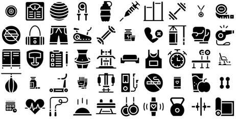 Set Of Fitness Fill Icons Silhouette Vector Logo Design Containing Weight,Exercise,Fitness,Gym,Wellness Vector Icons Illustration Collection