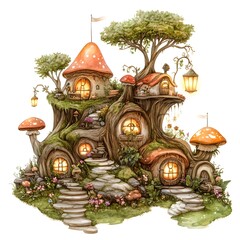 Fototapeta premium Enchanting Cinnamon Dusted Fairy Village Nestled Amongst Gnarled Tree Roots and Whimsical Mushroom Houses