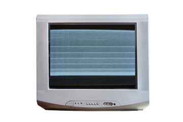  Old vintage silver TV set from 1980s, 1990s, 2000s with noise and interference on the screen...