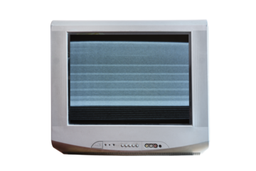  Old vintage silver TV set from 1980s, 1990s, 2000s with noise and interference on the screen isolated on white background. 