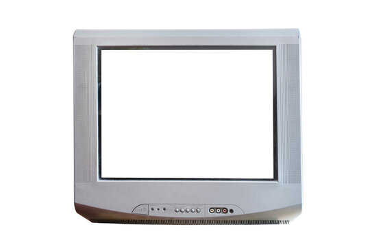 Old silver TV isolated on white background. Retro technology concept. Blank screen for text.Vintage TVs 1980s 1990s 2000s. 