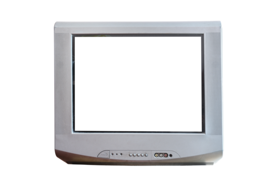 Old silver TV isolated on white background. Retro technology concept. Blank screen for text.Vintage TVs 1980s 1990s 2000s. 