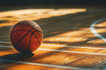 A basketball lying on a polished wooden court floor