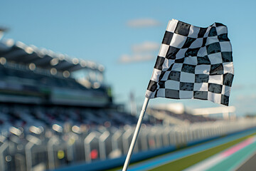 Checkered racing flag waving against clear blue sky