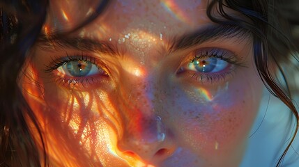  A woman with striking blue eyes illuminated by a vibrant rainbow light.