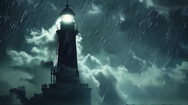 Stormy night at the lighthouse with dramatic waves and intense rain