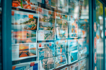 A close up of a travel agency window display