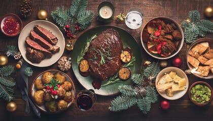 Fototapeta premium Flat lay of Delicious Christmas themed dinner table with roasted meat steak, appetizers and desserts. Top view. Holiday concept 