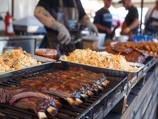 6 BBQ stand with smoked ribs and coleslaw festival crowd