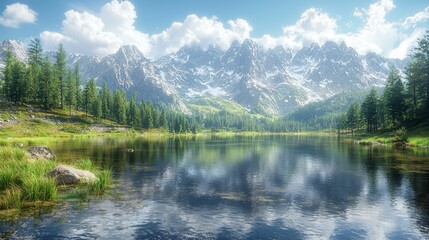 Serene Mountain Lake with Snow-Capped Peaks.