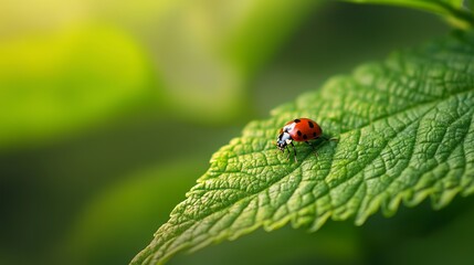 Little ladybug walking on a large leaf close up. Macro photography