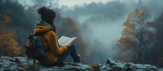 A woman seated on a rock, engrossed in reading a book.