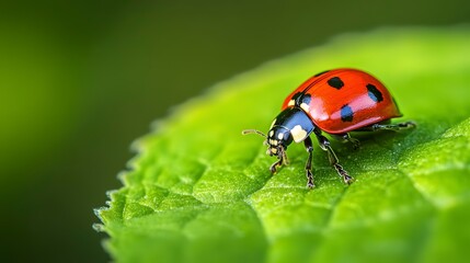 Fototapeta premium Little ladybug walking on a large leaf close up. Macro photography