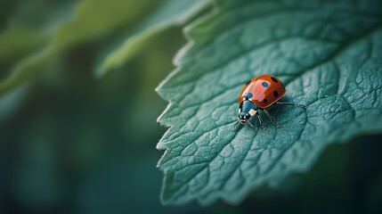 Fototapeta premium Little ladybug walking on a large leaf close up. Macro photography
