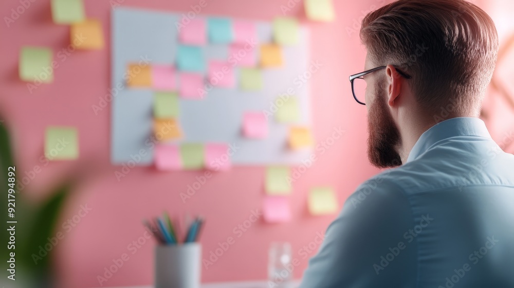 Poster diverse team brainstorming in a creative project management meeting with colorful sticky notes on wh