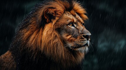 Naklejka premium Majestic Lion in the Rain.