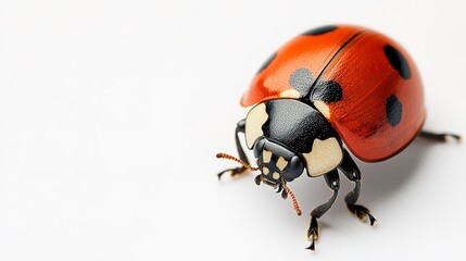 Naklejka premium Close-up of a detailed ladybug with distinct black spots, isolated on a white background, offering ample space for copy text or logos