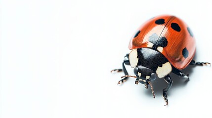 Close-up of a detailed ladybug with distinct black spots, isolated on a white background, offering ample space for copy text or logos