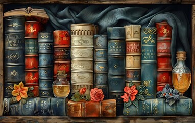 A serene painting featuring an arrangement of colorful flowers alongside a stack of books.
