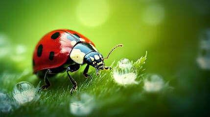 Fototapeta premium closeup view of ladybug on green background