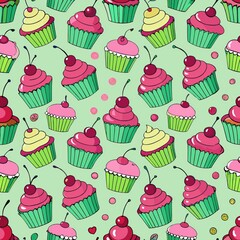 Seamless pattern of cupcakes with frosting and cherries