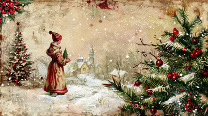 Vintage postcard. Merry Christmas. Happy New Year. Horizontal banner. Copy space. Saint Nicholas with gifts near Christmas tree on winter landscape background. Holiday concept. Festive background