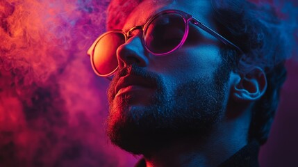 Close-up of a man's face with colorful smoke. - Powered by Adobe