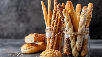 Variety of Freshly Baked Breadsticks in Glass Jar on Wooden Table