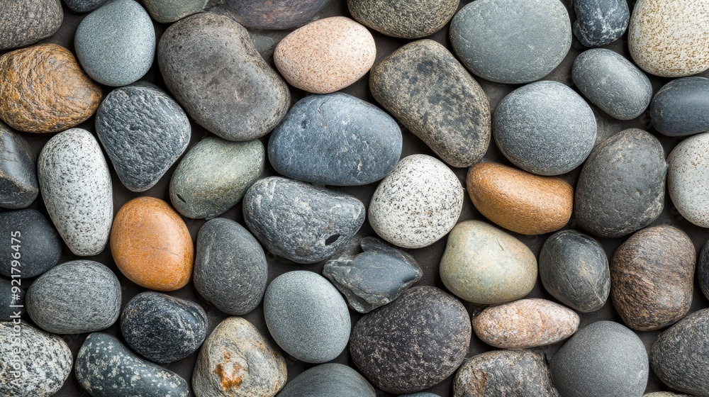Poster a collection of rocks of various sizes and colors. the rocks are scattered across the image, creatin