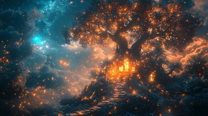 Naklejka premium Magical Treehouse Under Starry Sky.