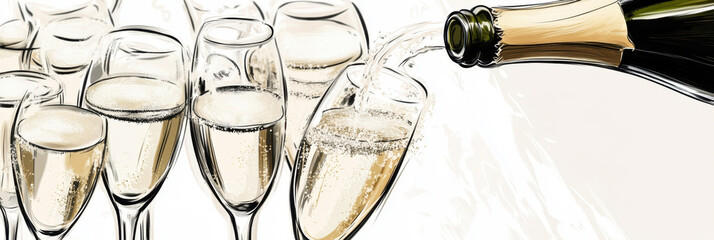 Global Champagne Day. Sparkling wine is poured into glasses on a black white background. Horizontal banner. Copy space. For holiday poster, card, invitation, wedding, birthday, party, New Year