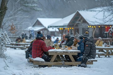 A group of individuals gathered around a picnic table.