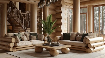 Fototapeta premium Cozy softwood furniture in a modern cabin interior with large windows and natural light