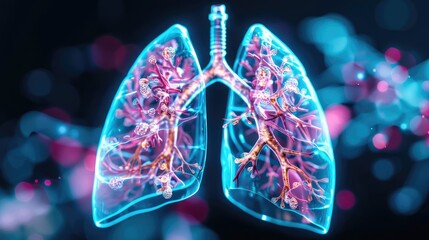Advanced lung health, holographic imaging, detailed airways, clear bronchioles, futuristic respiratory care